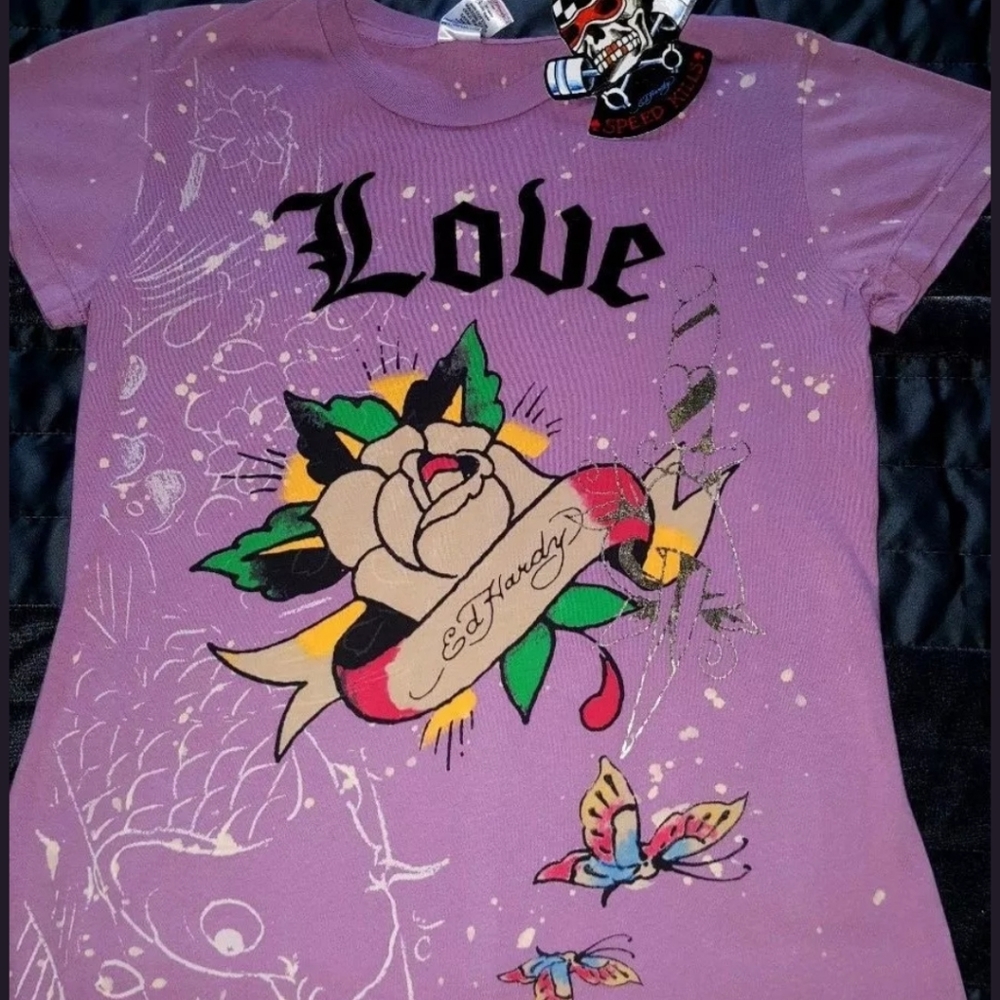 NEW Ed Hardy Purple Splatter Crew Neck Tee